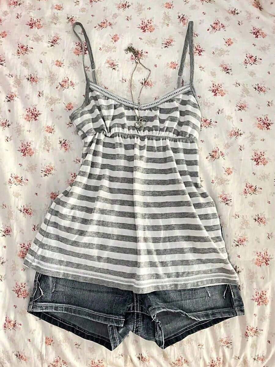 SHEIN Sparklyn Teen Girls Casual Streetwear Y2k Inner/Outer Layering Sweetheart Camisole Tank Top Waist Cincher Stripes Summer School Sixth Form White Formal Party