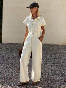 Livesso Women's Long Denim Overalls And Jumpsuit With Collar And Cinched Waist - White - View 6