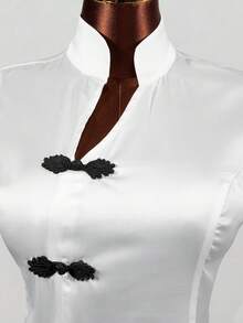 Mistrie Women's New Zip Frog Button Chinese Collar Blouse, Summer Autumn Daily Dinner Semi Formal White And Black Elegant - White - View 8
