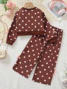 Elladie kids 2件組女孩秋冬INS風棕色與粉色波點側邊粉色蝴蝶結短版衛衣＋寬腿褲套裝，適合居家、外出與多用途穿著 - 咖啡棕 - 查看 2