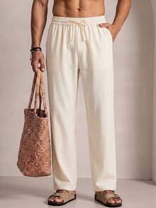Ocevento Men's Casual Versatile Drawstring Waist Pocket Loose Long Pants - Apricot - View 8
