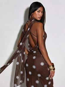 Normani 夏季節慶酒吧派對夜生活海灘畢業旅行性感度假鄉村風Y2K女款優雅波點印花洋裝，適合婚禮，棕色與白色 - 棕色 - 查看 6