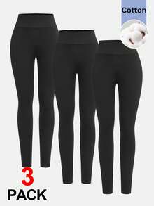 SHEIN Tween女孩修身休閒極簡舒適3件組純黑色內搭褲 - 黑色 - 查看 1