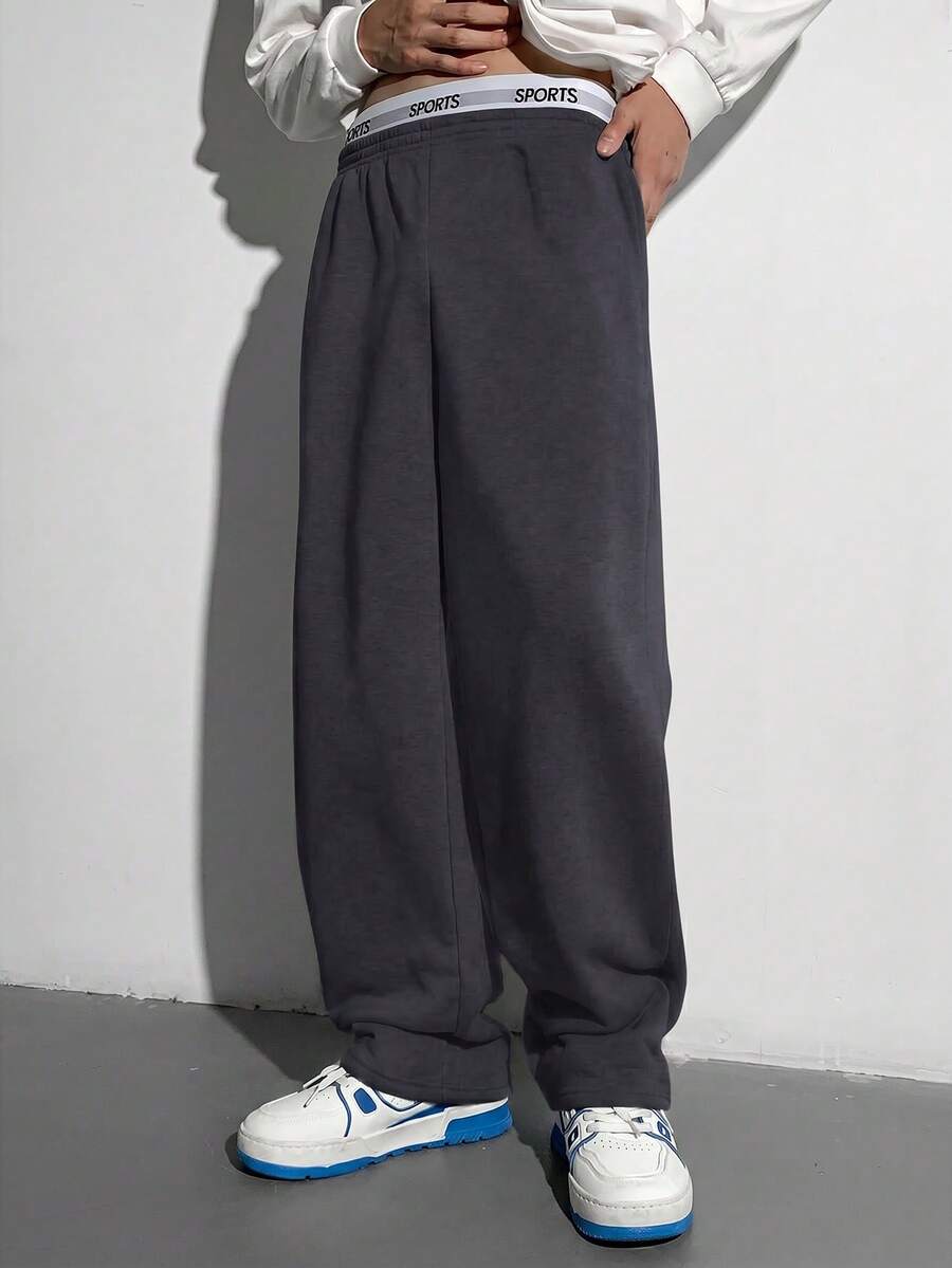 SHEIN 青少年男孩休閒 2 合 1 寬鬆運動長褲,深灰色彈性腰帶褲,復古風,適合秋季、春季、學校、日常穿著、運動、生日派對、外出,百搭簡約,情人節 - 深灰色 - 查看 1