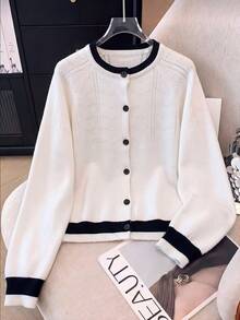 GlowEve CURVE Fashion Casual Design Hollow-Out Contrast Color Korean Style Plus Size Knit Cardigan Long Sleeve - Black and White - View 1
