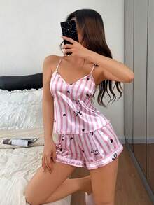 SHEIN Casual Underwear&Sleepwear 仿絲條紋蝴蝶結與小愛心印花細肩帶上衣短褲睡衣套裝 - 彩色 - 查看 5