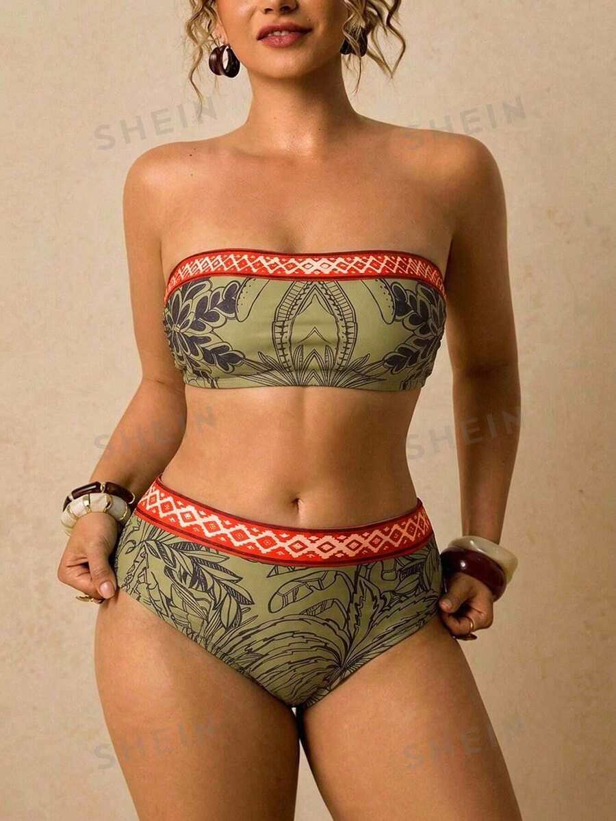 Travachic Conjunto de traje de baño tankini con estampado geométrico & de plantas tropicales para tallas grandes - Multicolor - Ver 1
