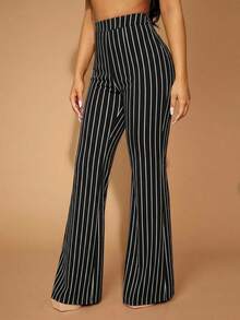 SHEIN SXY 女款條紋休閒百搭日常穿著長褲 - 黑與白 - 查看 3
