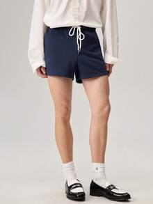 Solid Color Drawstring Pocket Casual Loose Knit Shorts, Versatile For Summer Daily Wear, Vacation, Father's Day Gifts - Navy Blue - View 5