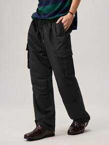 Men Flap Pocket Side Drawstring Waist Oversize Cargo Pants, Fall Wide Leg - Black - View 5