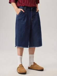 Vaulklash Men's Solid Color Minimalist Denim Wide Leg Shorts - Dark Wash - View 5