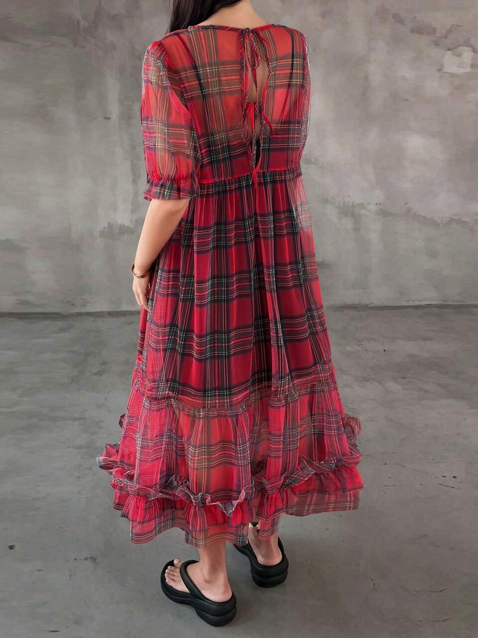 Plaid Short Sleeve Long Dress Summer Outfit Women's Nightgown Pajamas