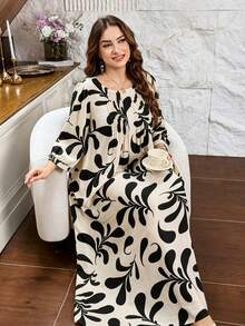 Lacomfia Casual All-Over Print Round Neck 3/4 Sleeve Loose Regular Fit Plus Size Dress For Spring And Summer - 彩色 - 查看 7