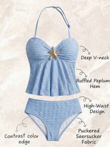 SHEIN Conjunto de bikini con tirantes de espagueti, volantes y decoración de estrellas de mar metálicas en color azul sólido para adolescentes, ideal para vacaciones y playa - Azul - Ver 1