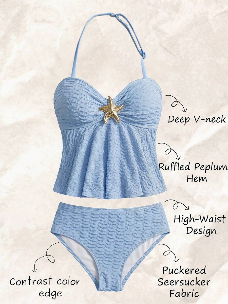 SHEIN Conjunto de bikini con tirantes de espagueti, volantes y decoración de estrellas de mar metálicas en color azul sólido para adolescentes, ideal para vacaciones y playa - Azul - Ver 1