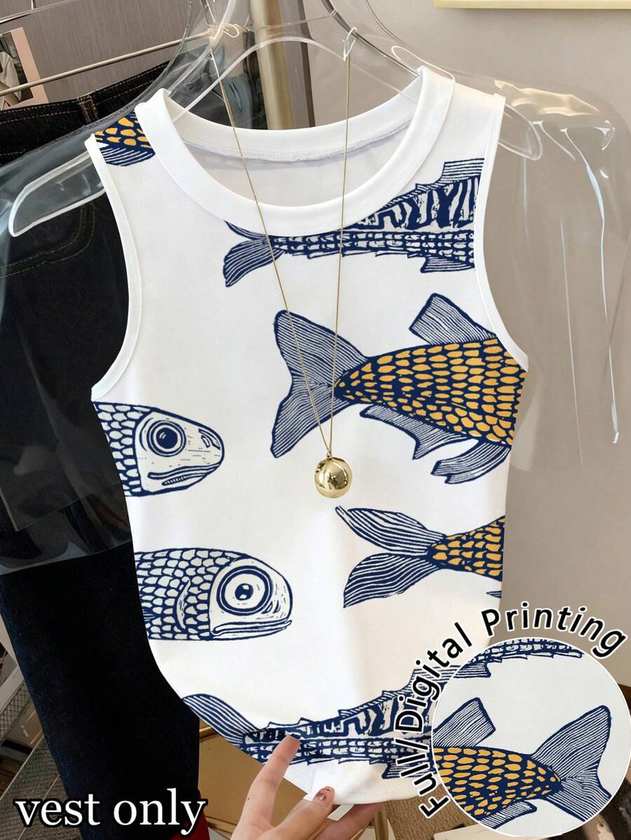 SHEIN Fish Graphic Sleeveless Casual Tank Top, Versatile For Summer - Multicolor - View 1