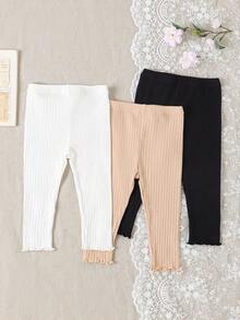 SHEIN Vintaside Kids 3件組女嬰夏季服飾 開學季 6個月-3歲 休閒極簡風 白色 黑色 灰色 杏色 寬螺紋波浪下擺 鬆緊腰彈性內搭褲 舒適柔軟 適合運動通勤 春夏出遊與禮品 - 彩色 - 查看 4