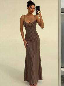 Aloruh Spring/Summer Brown Striped Print Vacation Spaghetti Strap Tie-Up Fitted Sexy Women's Dress, Early Autumn Versatile Inner Layer Dress - Brown - View 6