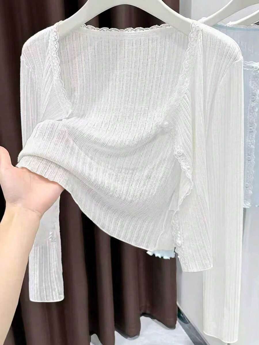 Resyla 女款白色蕾絲飾邊長袖針織開襟外套 - 白色 - 查看 1