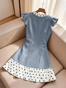 Franclia Women's Polka Dot V-Neck Bow Decor Casual Daily Dress - Blue - View 2