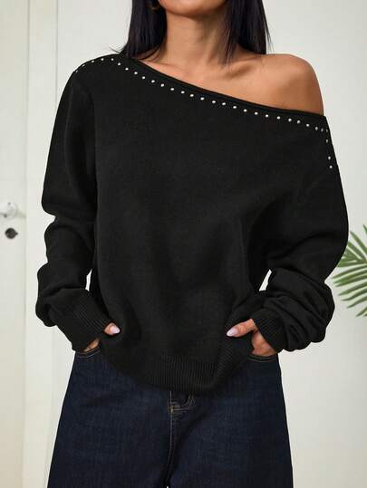 SHEIN PETITE 女款鉚釘裝飾不對稱肩休閒百搭日常穿著毛衣