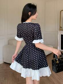 Modelyn Women's Colorblock Patchwork Ruffle Hem Polka Dot Print Short Dress - Beige - View 2