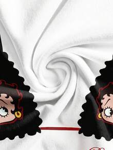 Attitoon Betty Boop x SHEIN 休閒街頭風極簡復古 Y2K 百搭派對城市度假風 白色字母印花 T-shirt，音樂節適用，女款夏季 - 白色 - 查看 5