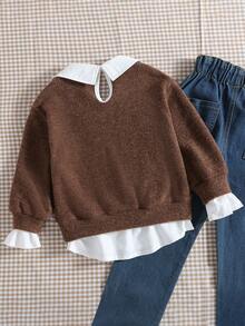 SHEIN 中性女童休閒拼接 Polo 領刺繡熊圖案運動衫，適合通勤、上學、日常穿著與運動，秋冬款拉鍊式 - 棕色 - 查看 2
