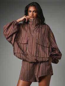 MISSGUIDED 條紋編織半拉鍊高領寬鬆夾克與抽繩迷你短褲兩件套套裝 - 咖啡棕 - 查看 4