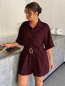 Firerie Plus Size Women's Solid Color Metal Decor Connected Casual Everyday Romper - Burgundy - View 8