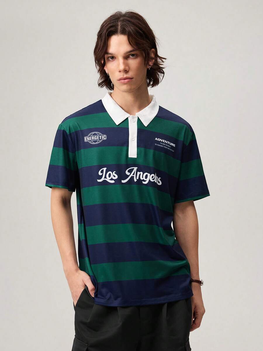 Men Striped & Slogan Graphic Polo Shirt - Dark Green - View 1