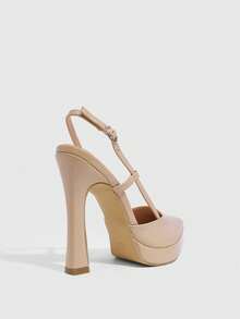 CUCCOO SZL Damen Outdoor Pumps mit spitzer Zehenpartie, hohem Absatz, dicker Sohle, glänzendem PU-Stoff, modisch minimalistisch, für Party und Bankett, mit Schnallenriemen und Slingback-Design - Nackt - Übersicht 3