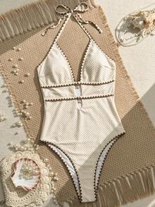 SHEIN Swim 2026春夏新款女款溫柔米色紋理連身泳衣，深棕色鋸齒波浪飾邊，V領掛脖，腰部與腹部雙海星金屬扣鏤空設計，高衩修身島嶼度假連身泳衣 - 杏色 - 查看 3