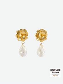 Opalesca 1 Pair Fashionable & Unique Pearl Decorated Earrings For Women, Versatile,Outfits,Old Money,Wedding/Bridal Accessories,Western Jewelry,Fairycore/Fairy,Pearl,Fall/Autumn/Winter,For Mom/Women/Girl/Mother,Elegant - Gold - View 1