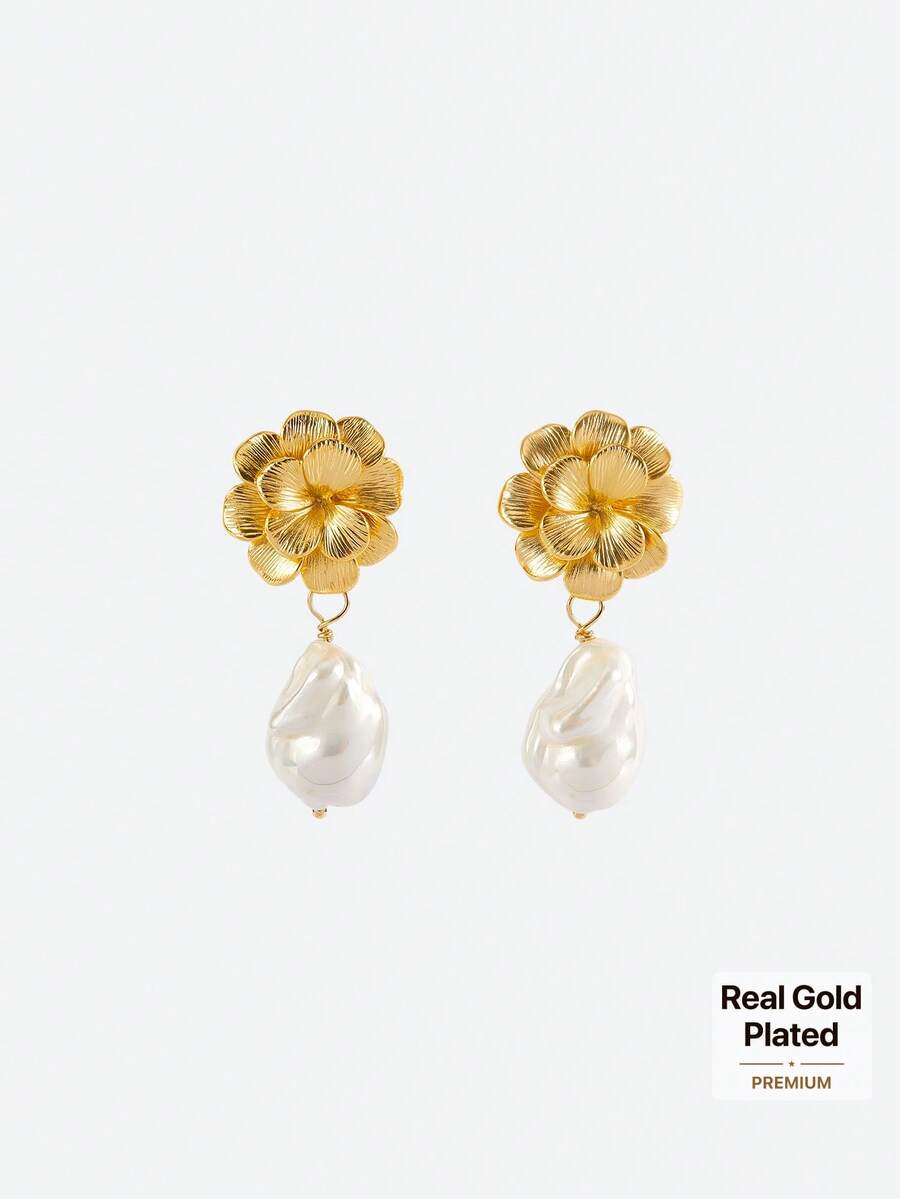 Opalesca 1 Pair Fashionable & Unique Pearl Decorated Earrings For Women, Versatile,Outfits,Old Money,Wedding/Bridal Accessories,Western Jewelry,Fairycore/Fairy,Pearl,Fall/Autumn/Winter,For Mom/Women/Girl/Mother,Elegant - Gold - View 1