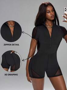 Innovista Innovista Women's  Active Romper Mesh Short Sleeve Half Zip Sculpting Jumpsuit Removable Pads Compression Stretch Breathable Workout Athleisure - Black - View 8