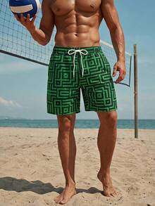 Azuldrift Men's Casual Geometric Print Drawstring Waist Pocket Beach Shorts - Green - View 3