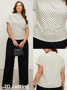 Comfylo Plus Size Women Polka Dot Print Batwing Sleeve Pleated Fitted T-Shirt - Multicolor - View 1