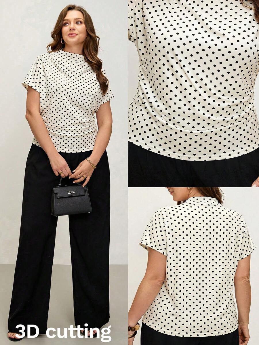 Comfylo Plus Size Women Polka Dot Print Batwing Sleeve Pleated Fitted T-Shirt - Multicolor - View 1