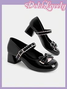 Dola Lovely Zapatos Mary Jane para mujer en negro y rosa con hechizo, punta redonda, lazo, hebilla de encaje, estilo dulce y fresco, tacones altos. - Charol negro - Ver 3