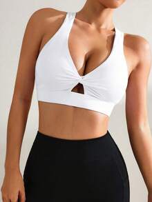 SHEIN Velisys 女款純色扭結鏤空運動內衣 - 黑與白 - 查看 4