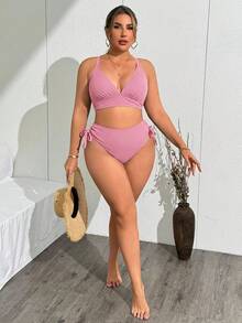 Swim Vcay 大尺碼女款夏季海灘純色比基尼三角褲兩件式泳衣套裝 - 粉色 - 查看 6