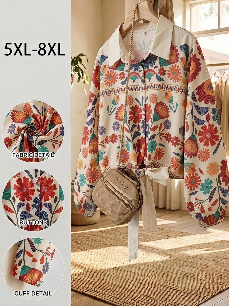 SHEIN CURVE+ 大尺碼女款熱帶印花綁帶前襟襯衫，夏季女裝，春季女裝，度假女裝，海灘女裝，海灘度假女裝，波希米亞風女款襯衫，復古服飾
