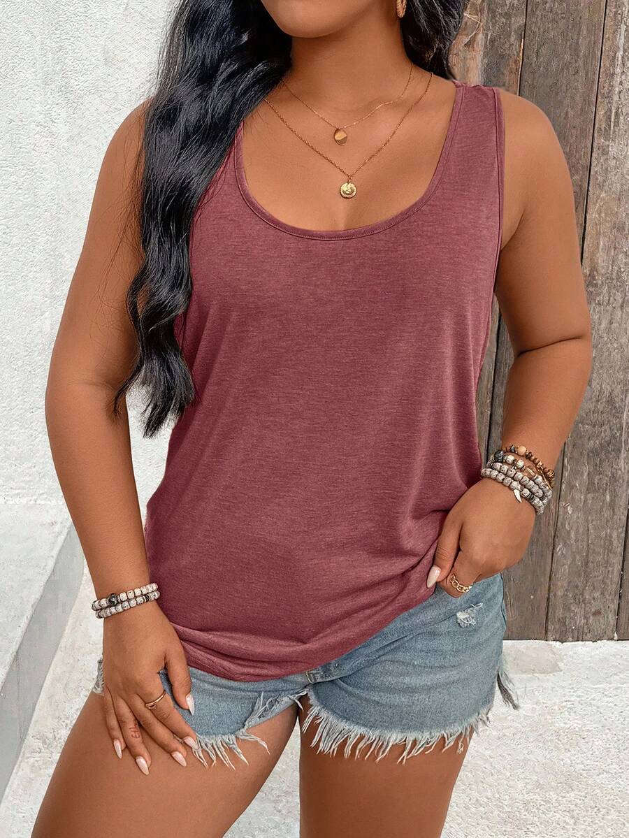 Linhara CURVE Plus Size Tank Top Comfortable Fashionable Textured Elegant Versatile Slimming Backless Cutout Design For Commute Date Vacation - Burgundy - View 1