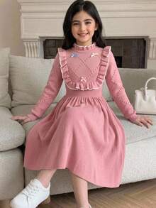 SHEIN Vestido casual de media longitud con dobladillo de volantes dulce para niña preadolescente, otoño/invierno - Rosa - Ver 1