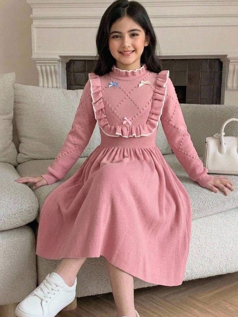 SHEIN Vestido casual de media longitud con dobladillo de volantes dulce para niña preadolescente, otoño/invierno - Rosa - Ver 1