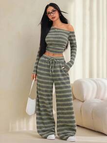 SHEIN PETITE 女款軍綠色單肩針織上衣與長褲兩件套 - 軍綠色 - 查看 4