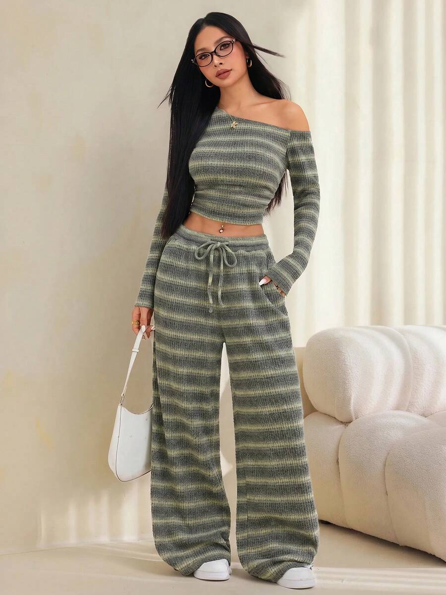SHEIN PETITE Women's Army Green One-Shoulder Knit Top And Pants Two Pieces Set - Army Green - View 1