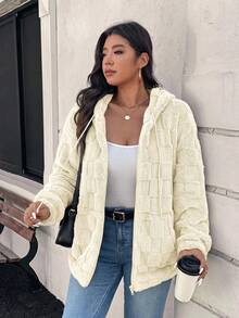 SHEIN LUNE 大尺碼女款保暖舒適休閒毛絨外套，適合外出，適用秋季、感恩節、新年、冬季派對 - 白色 - 查看 3