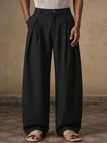 HIMLAND Plus Size Men's Solid Color Pleated Wide Leg Pants With Side Pockets - Black - View 6